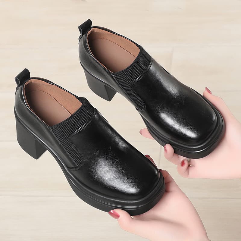 Drop Shipping Women's Leather Shoes Chunky Heel Spring Autumn Shoes Mother Shoes Soft Sole Deep Mouth Single Shoes Women's Square Toe High Heels