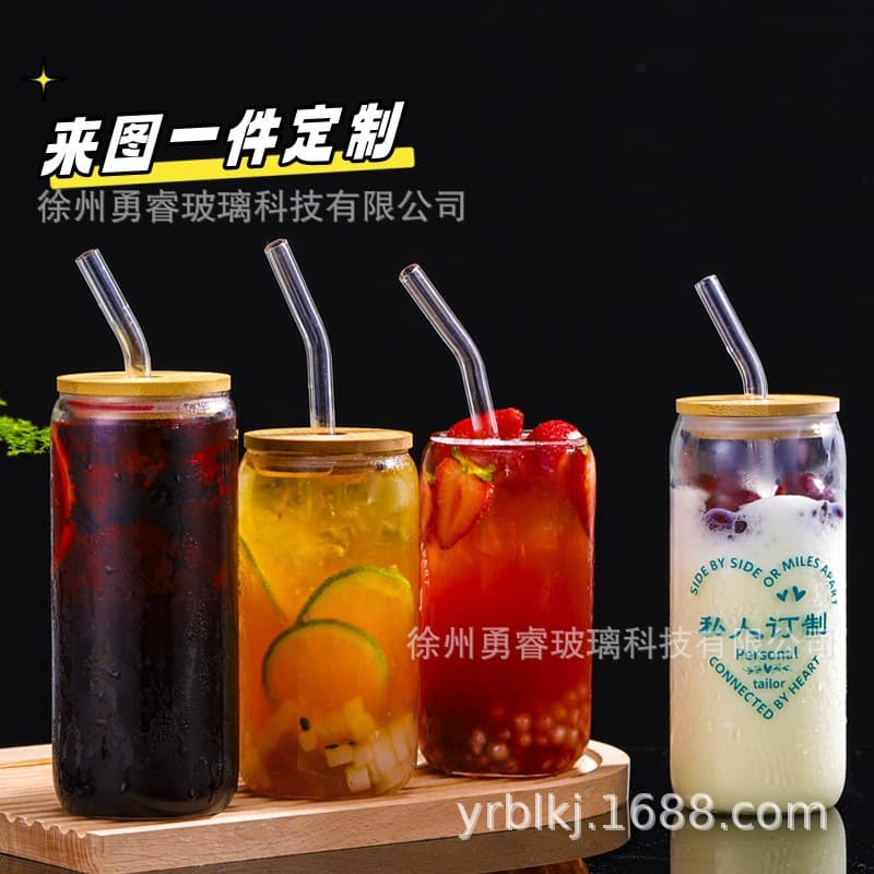 Cross-border 16oz Cola Cup Straw Cup High Borosilicate Glass Water Cup Milk Tea Cup with Lid Juice Cup Cola Cup Set