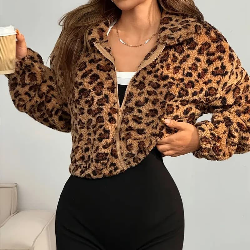 2025 European and American Cross-border Trade Women's Elegant Casual Short Leopard Print Zip-up Hoodie Cardigan Jacket