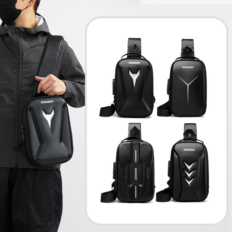 Men's Motorcycle Style Chest Bag with Password Lock, Single Shoulder Bag, Trendy and Cool Crossbody Bag, Water-Resistant Hard Shell Chest Bag