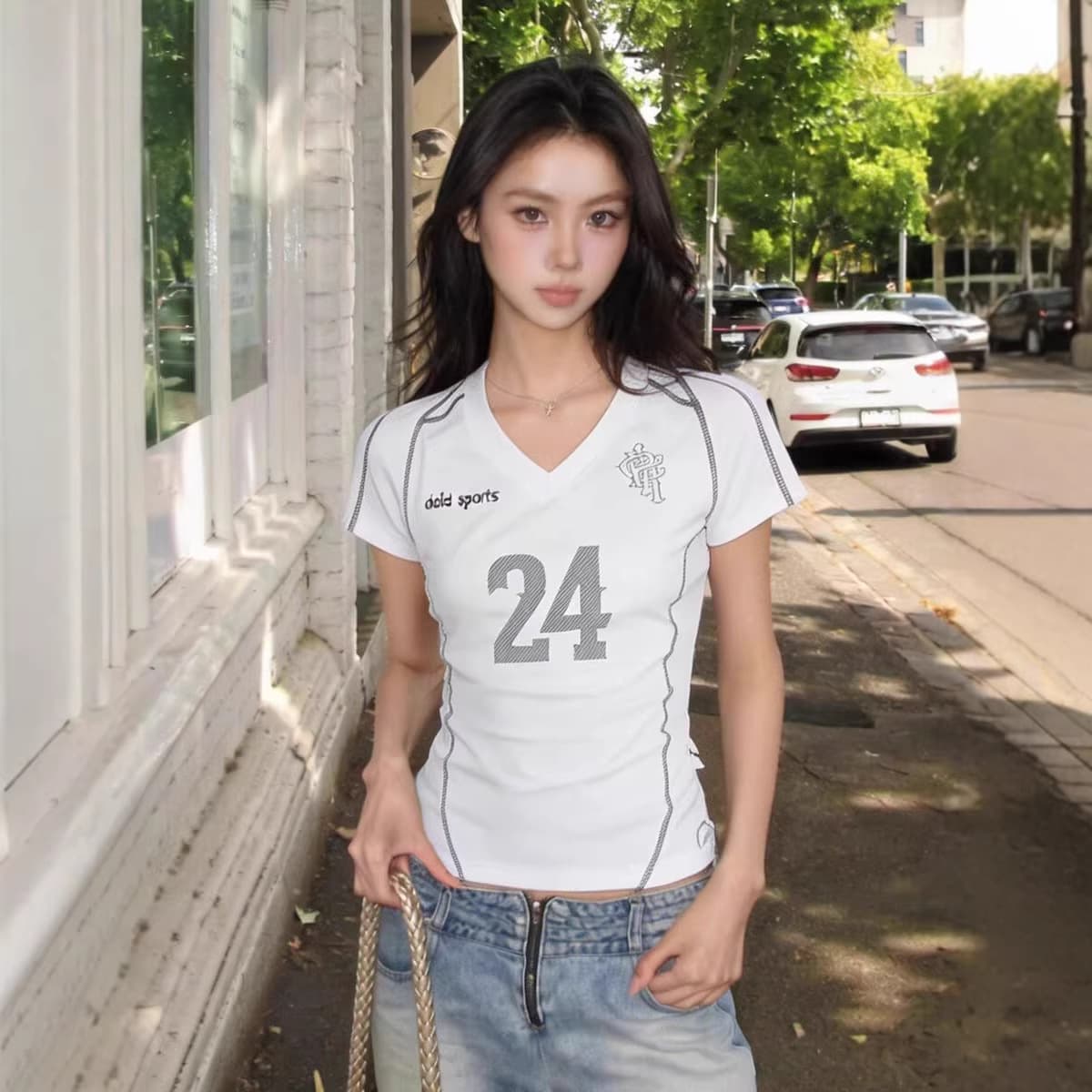 American Casual Sporty V-Neck Numbered Football Short Sleeve T-Shirt for Women, Summer Trendy Fitted Cropped Top
