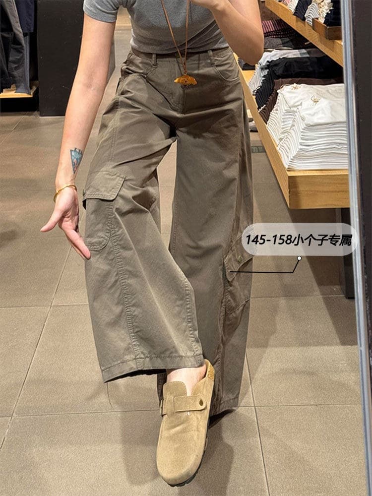 Pleated Workwear Denim Wide-Leg Pants for Women, High-Waist, Multi-Pocket, Draped Curved Leg, Spring/Autumn
