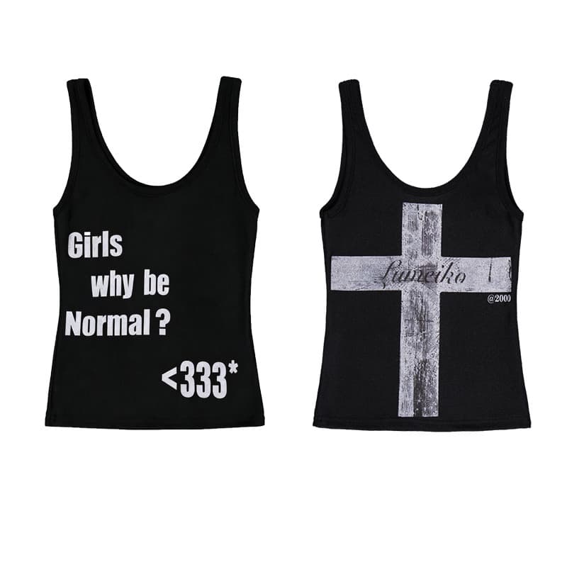 Japanese and Korean Y2K Alphabet Print Sleeveless Top with Cross Pattern U-Neck Thin Strap Vest