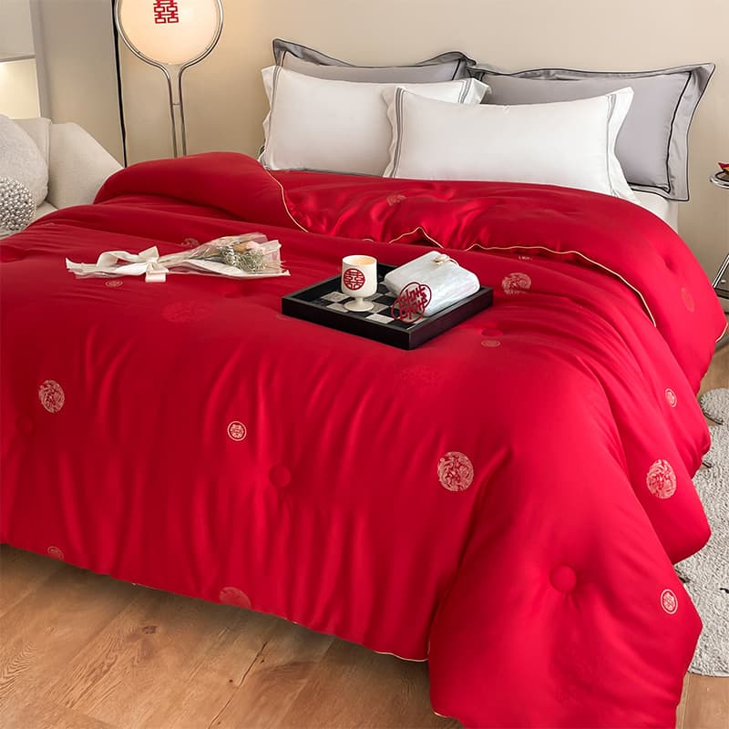 Silk soybean wedding engagement festive red quilt spring/autumn embroidered double happiness character thick winter core dowry