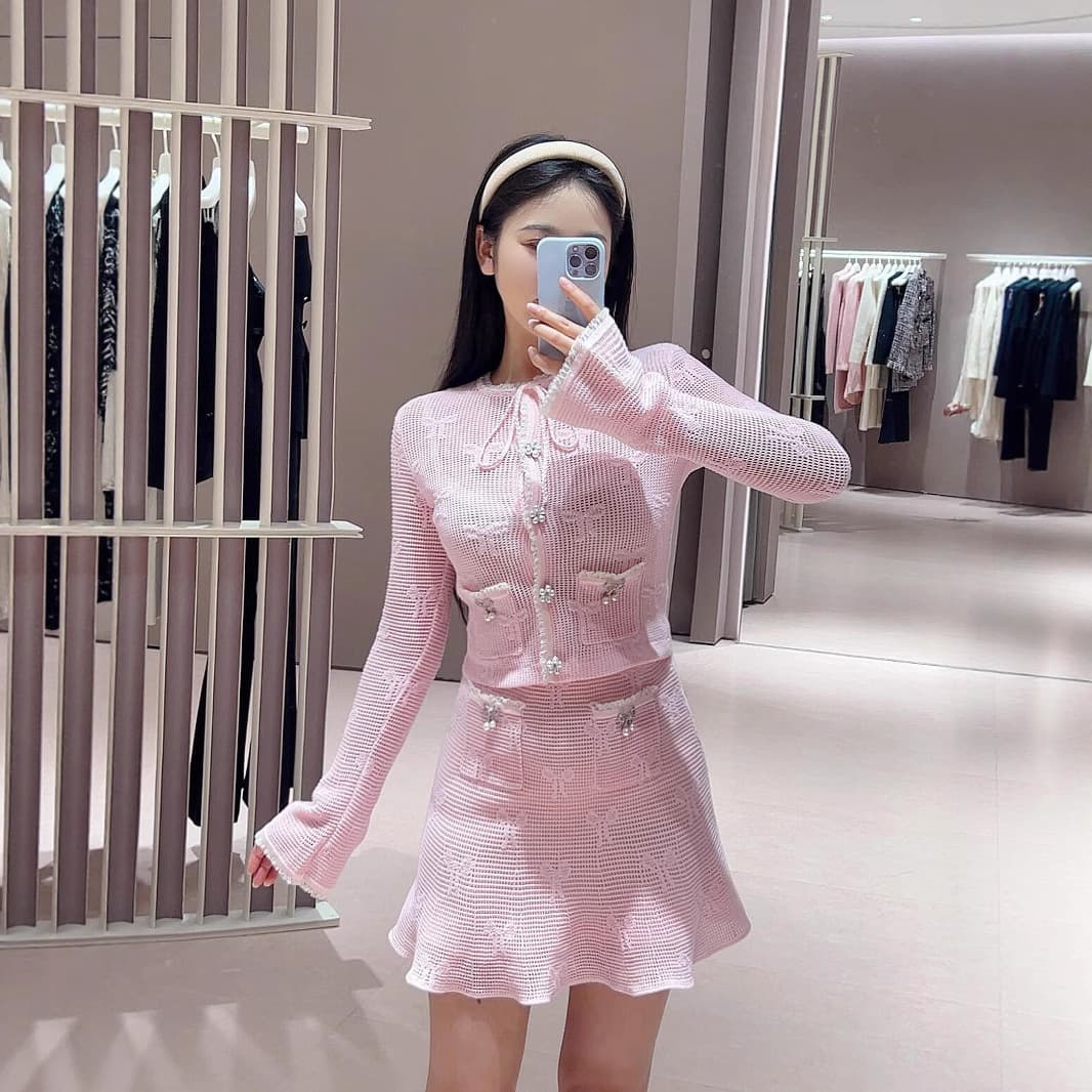 2025 Spring/Summer New Bow Tie Jacquard Flared Sleeve Sweet Youthful Knit Two-Piece Skirt Set