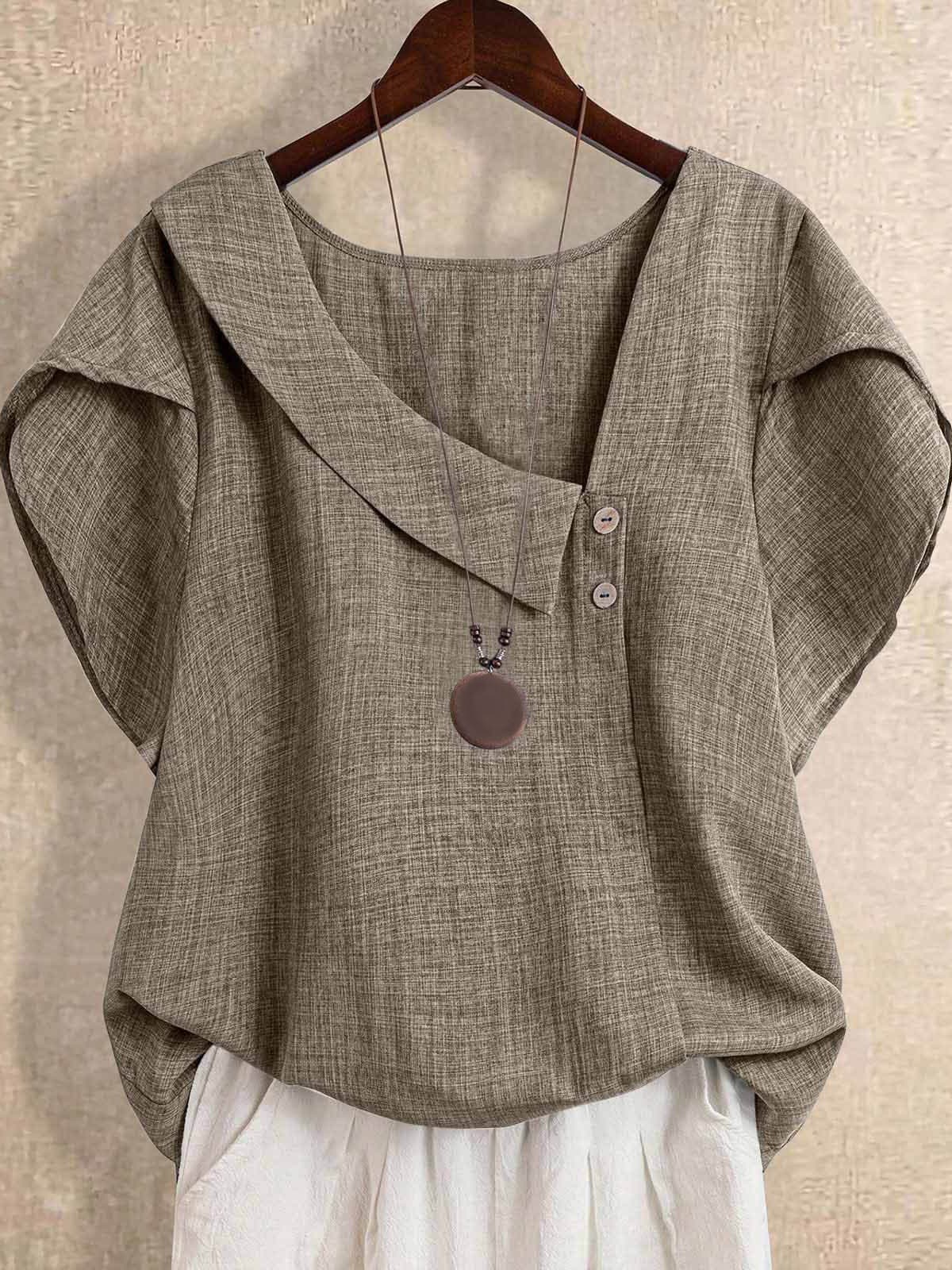 2026 AliExpress Women's Off-Shoulder Solid Plus Size Linen Button Petal Sleeve Short Sleeve Blouse Top