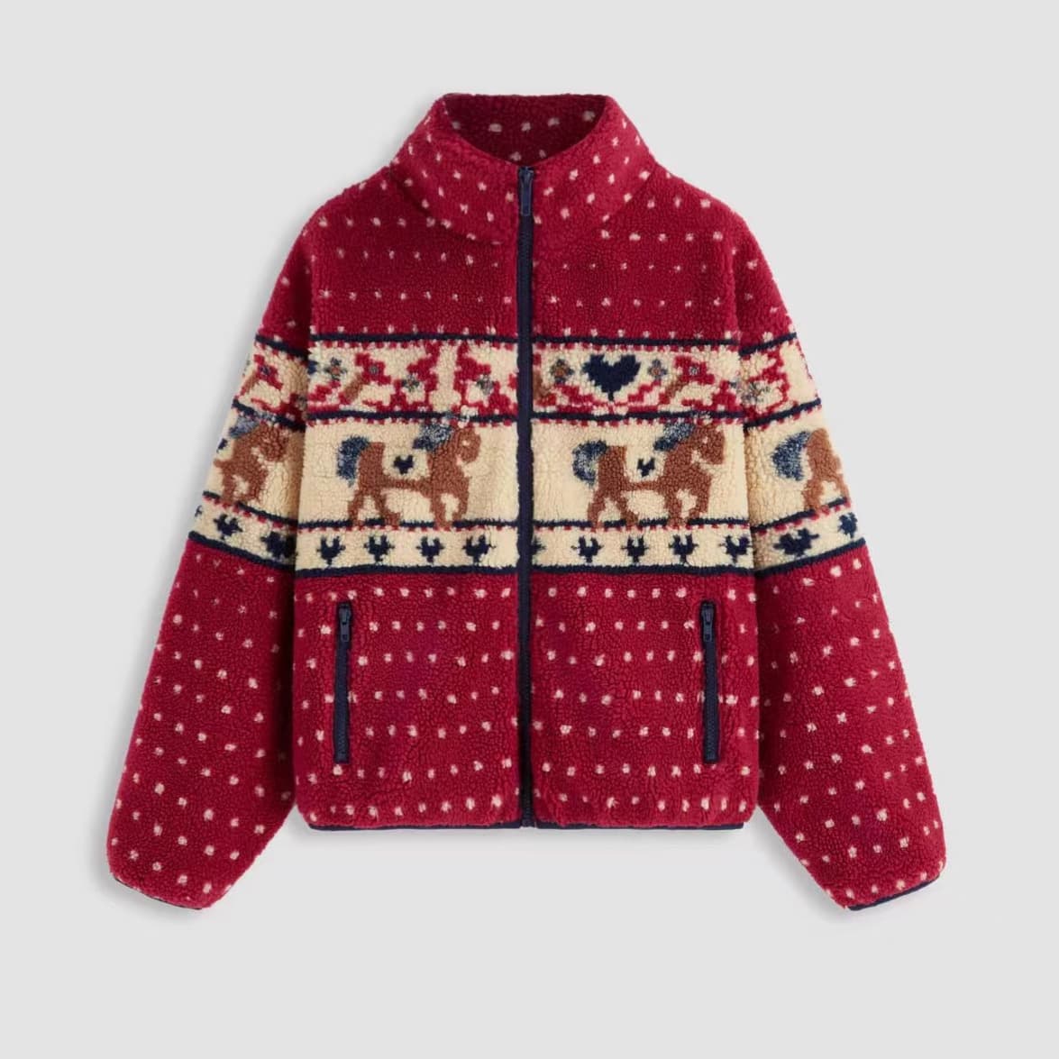 Cross-border 2025 Autumn/Winter New Amazon European and American Christmas Snowflake Moose Zipper Long Sleeve Pocket Wool Coat