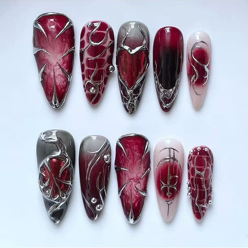 Wearable Manicure Mysterious Dark Red Smudged Fake Nail Patches Removable Wearable Nail Patches 24 Pieces Wholesale