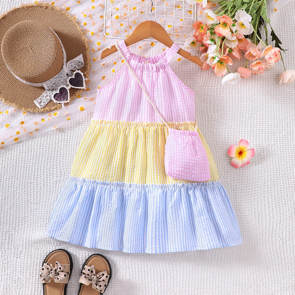 EW foreign trade children's clothing, spring and summer new plaid contrasting color splicing dress for small and medium-sized children XHQ1882