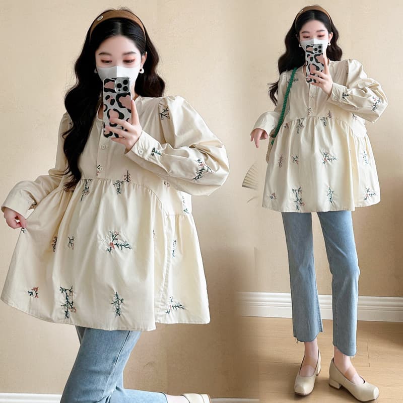 2025 New Arrival Maternity Blouse Vintage Embroidery Sweet Youthful Loose Fit Plus Size Babydoll Top
