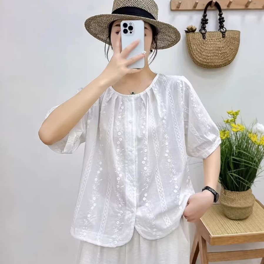 New Summer Plus Size Women's Loose French Embroidery Three-Quarter Sleeve Blouse Babydoll Lace Top