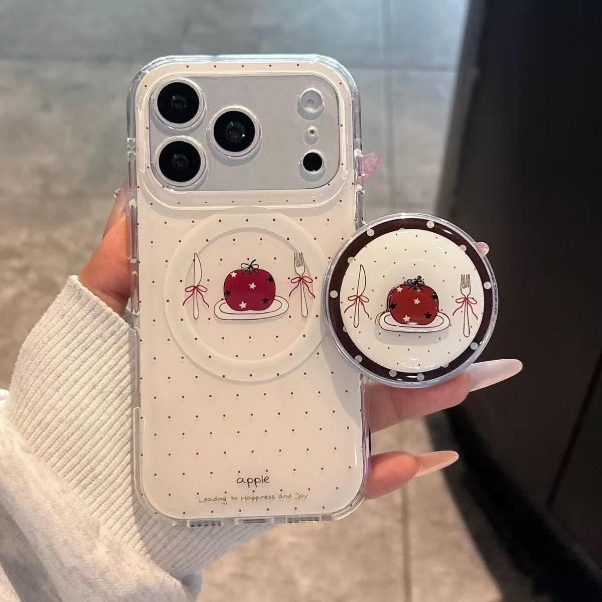 Korean Polka Dot Knife and Fork Apple Pattern Case for iPhone 15, iPhone 16, iPhone 17 Pro Max, New Style 13, Trendy 14 for Women