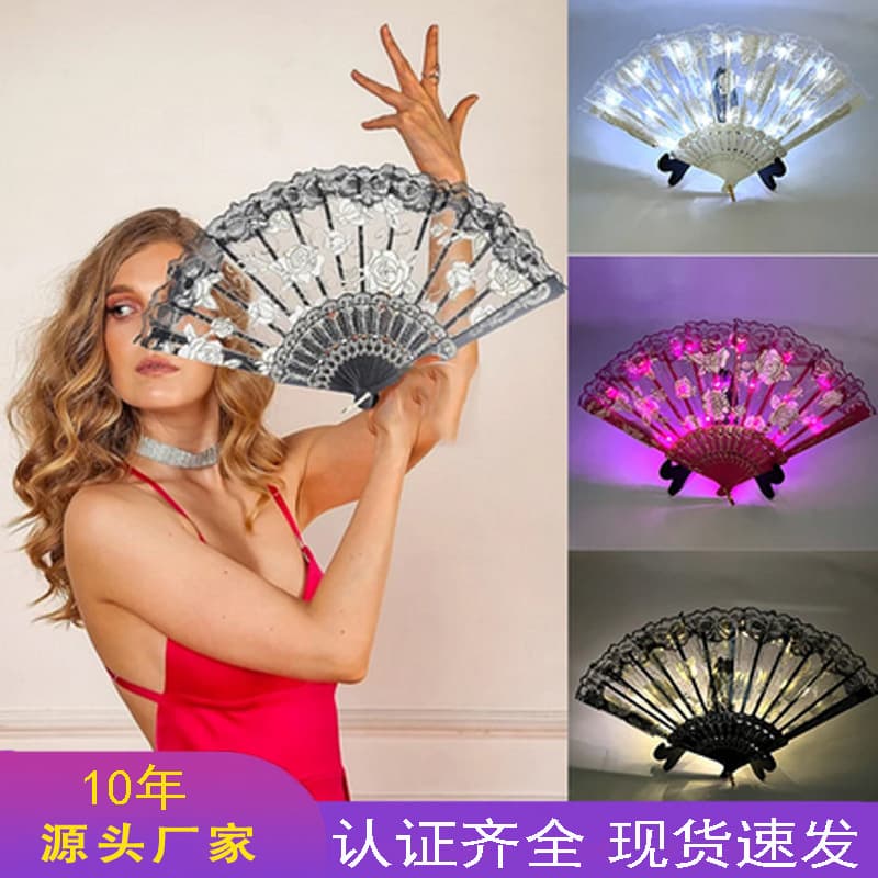 TikTok LED lace rose glowing fan, women's lace dance fan with hollow-out design, black folding fan for photography props