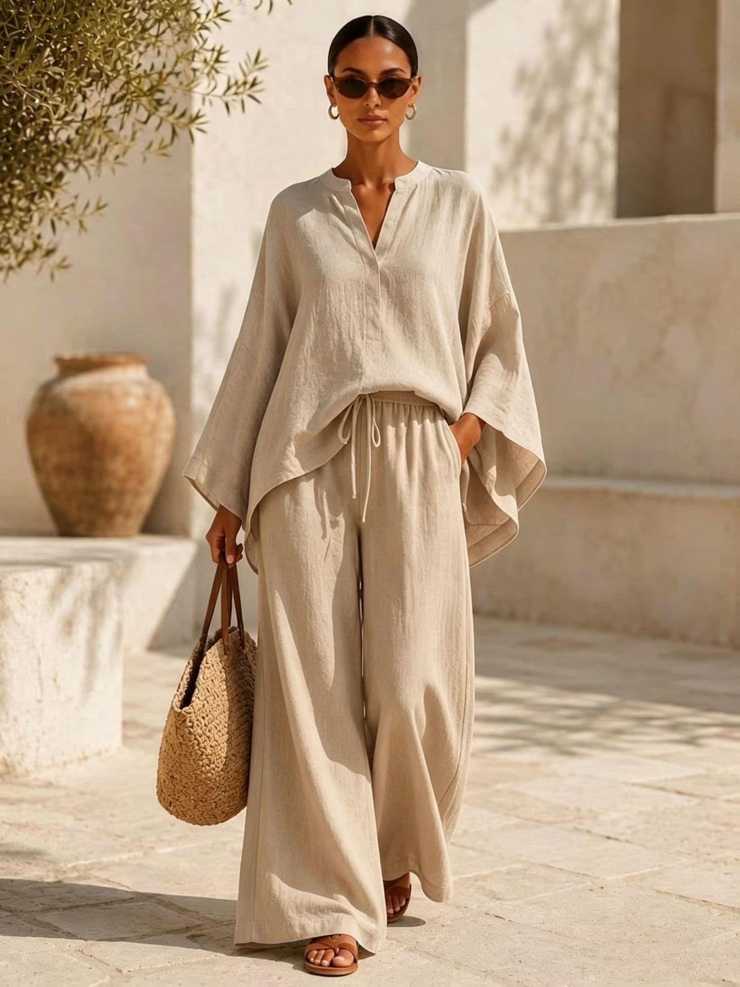 Lazy Relaxed Women's Suit Solid V-Neck Loose Shirt Set 2026 Spring Summer Cross-Border Wholesale