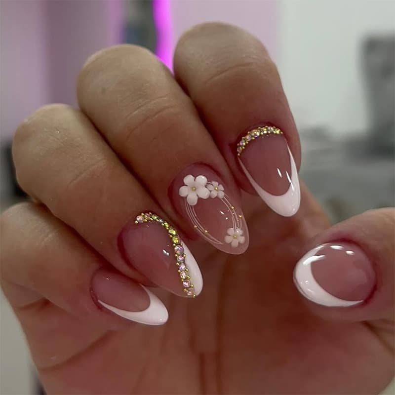 24pcs French Flower Bling Almond Press-On Nails with Irregular Rhinestones