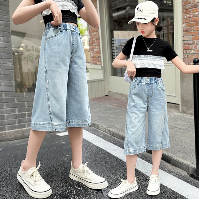 Girls Summer Pants 2025 New Pearl Denim Capri Pants Straight Leg High Waist Slim Fit Wide Leg Pants for Older Kids