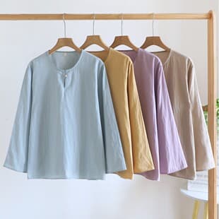 Solid Color Simple Pajamas for Women, Spring Summer Cotton Fabric Long Sleeve Single Top, Freely Matchable Cotton Loungewear, Plus Size