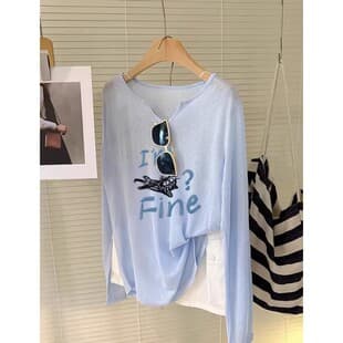 Cartoon Black Cat Letter Print Snowflake Cotton Long Sleeve T-Shirt for Women 2026 Summer Thin Slightly Sheer Small V-Neck Sun Protection Cover-Up