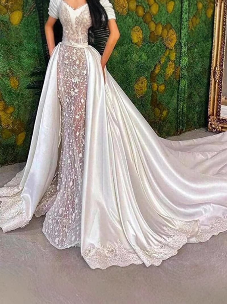 European and American export long train satin lace trim wedding dress, detachable wedding skirt