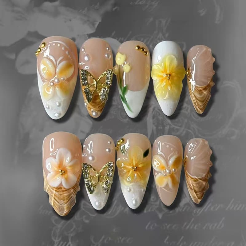 Three-dimensional custard French pearl gold bean butterfly lily of the valley wild temperament ins style detachable wearable armor 24 pieces