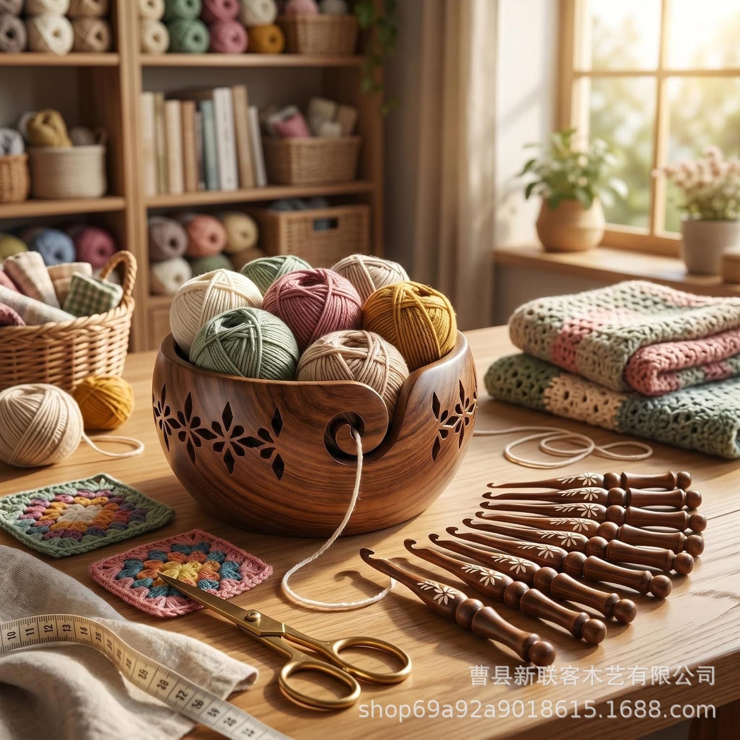 Cross-border wooden woolen bowl, retro woolen yarn storage wooden bowl, portable knitting yarn bowl storage box without crochet