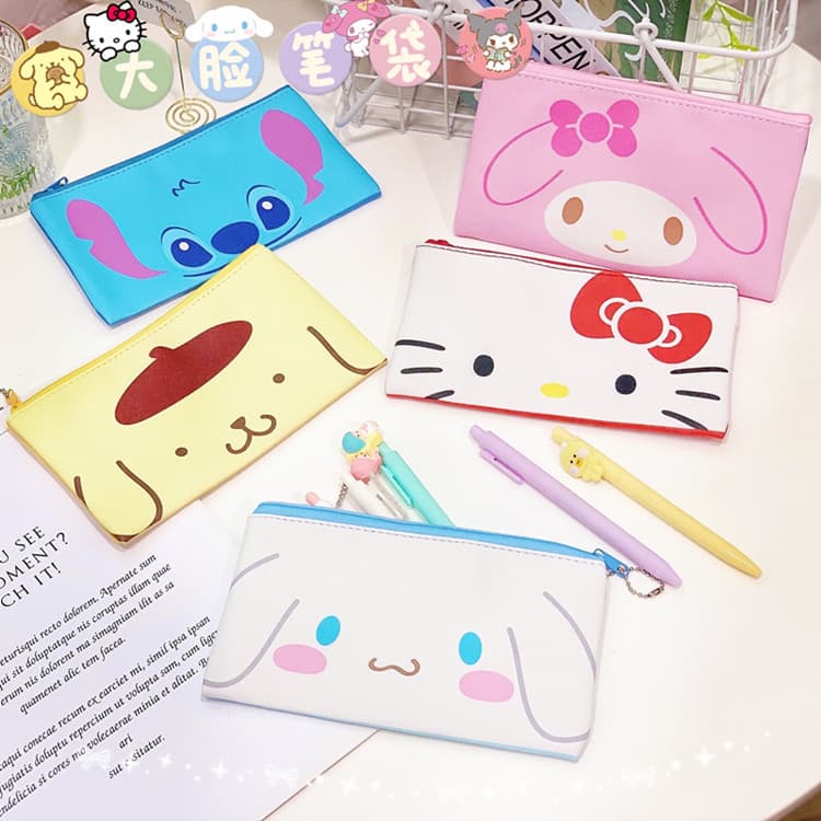 Japanese and Korean Cute Cartoon Student Pencil Case PU Leather Zipper Storage Bag Kuromi Cinnamoroll Pen Bag Makeup Pouch