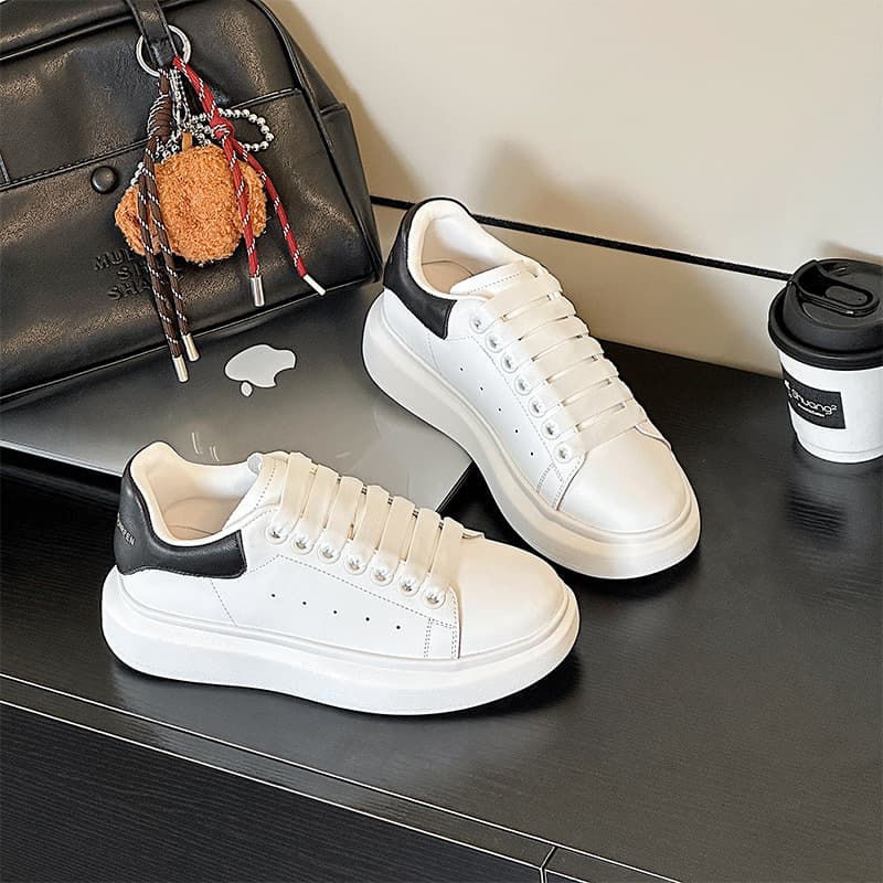 Silk Cowhide McQueen Versatile White Sneakers Women 2026 Spring Autumn Men Thick Sole Heightening Casual Couple Sports Shoes