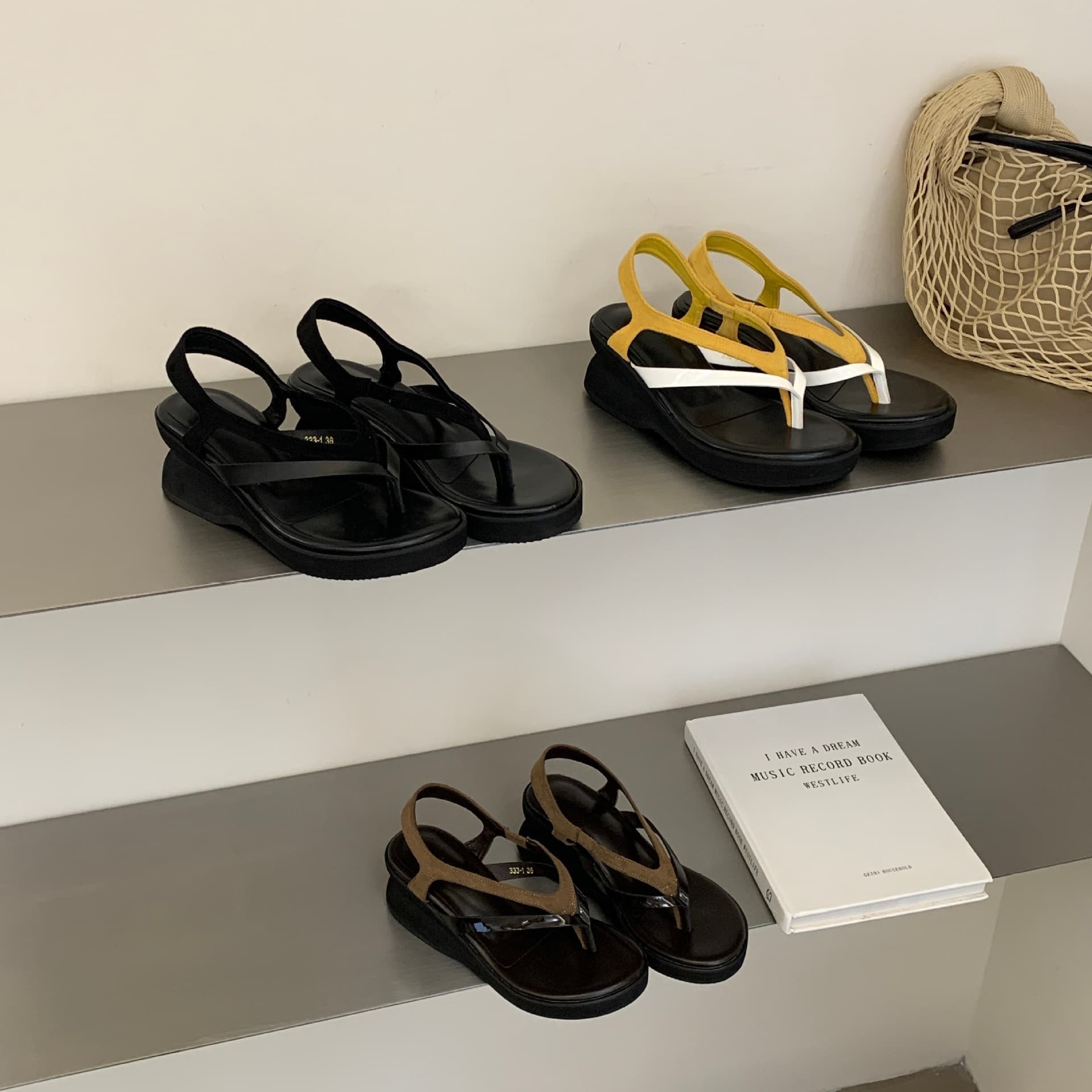 26 New Summer Retro Double Strap Thick Sole Platform Slide Sandals Wedge Heel Roman Sandals Women Black Yellow Microfiber