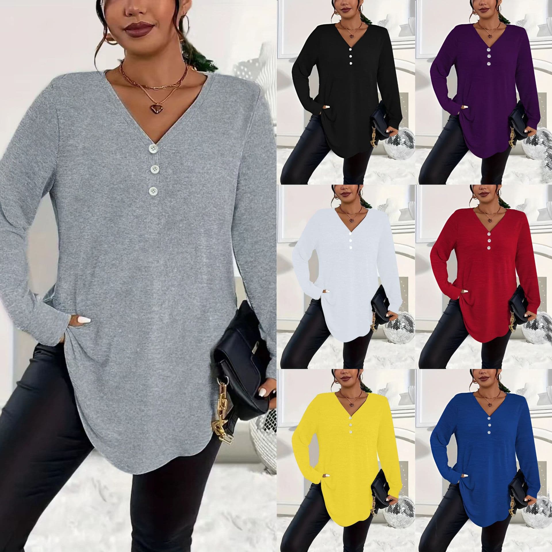2025 European and American Autumn/Winter Elegant Plus Size Women's Amazon Cross-Border Trade Solid Color Button Long Sleeve Top