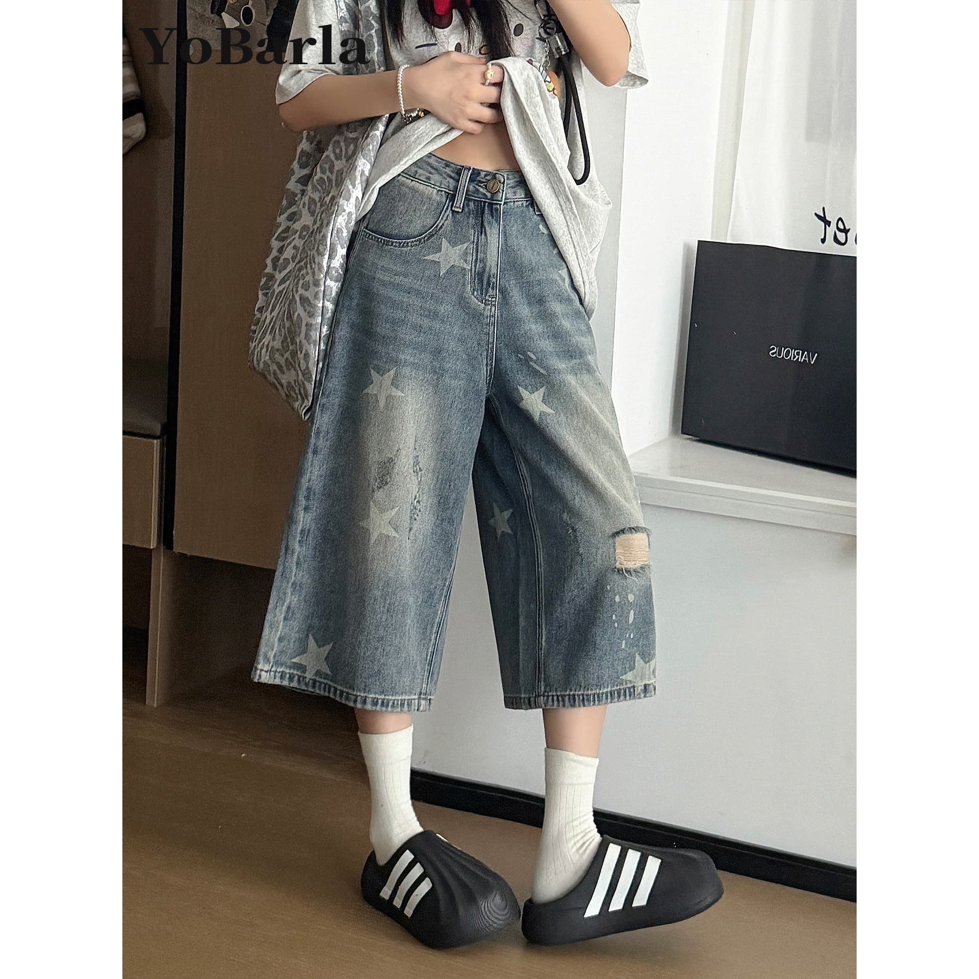 American Style Star Ripped Denim Capri Pants for Women, Straight Leg, Summer New, Plus Size Loose Fit, Slimming Wide Leg Pants