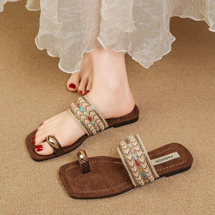 Bohemian Style Slide Sandals for Women 2026 Summer New, Flat Shoes to Match Dresses, Fashion Vacation Beach Shoes