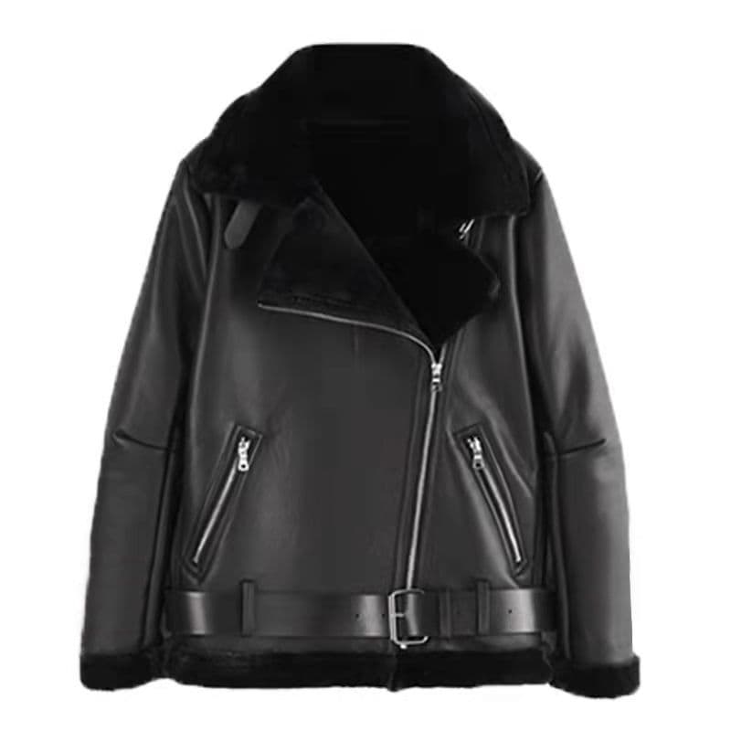 New short leather jacket plus velvet 2025 thickened fur winter all-in-one jacket loose motorcycle black imitation rabbit plush