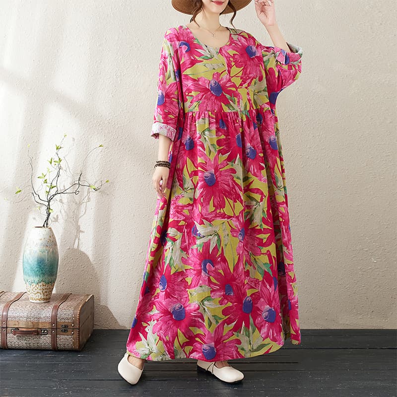 Plus Size Loose Fit Long Sleeve round Neck Cotton Linen Dress plus Size Autumn Thickened Cotton Linen Print Dress Artistic Ho...