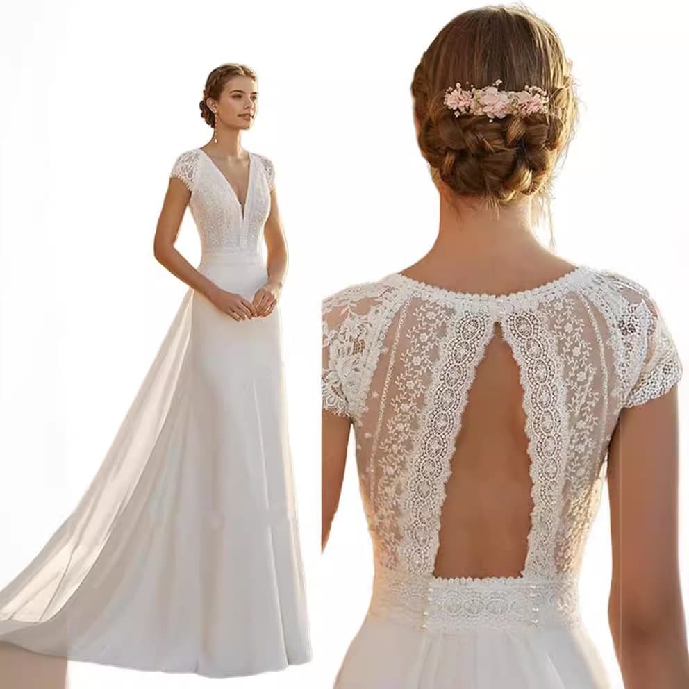 Short Sleeve Wedding Dress Forest Style 2026 New Simple V-Neck Fitted Mermaid Travel Photography Small Train Soft Tulle Slimming