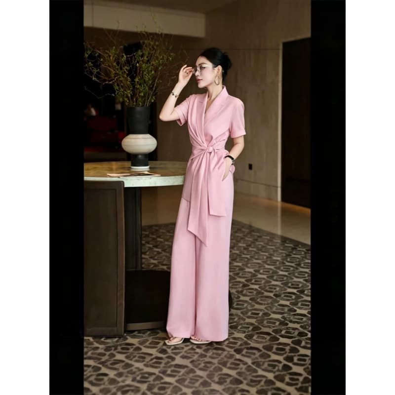 3060 Korean large size women's suit suit fat mm lace-up waist short-sleeved jacket wide-leg pants two-piece set