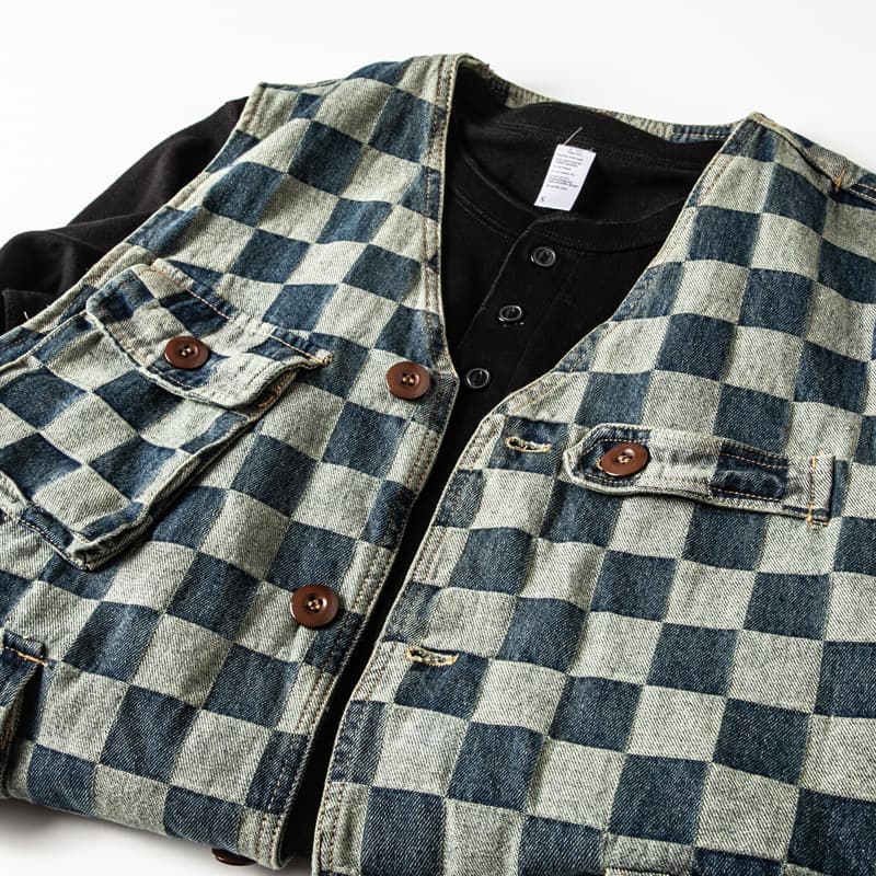 Japanese Vintage Multi-Pocket Denim Motorcycle Washed Plaid Cowboy Vest Men Loose Vest Jacket