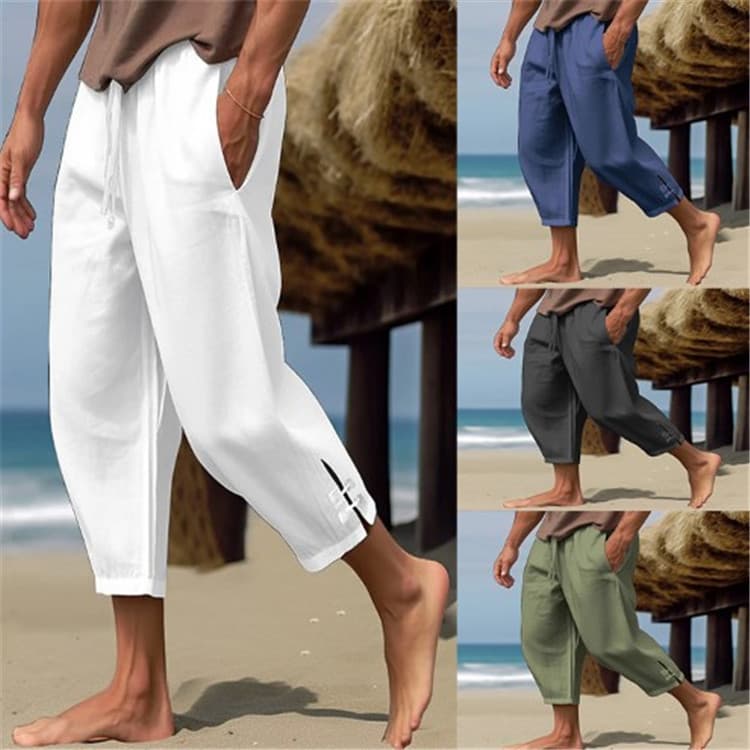 Men's linen summer trousers, beach pants, solid color trousers with slits, comfortable, breathable, casual, daily resort trousers