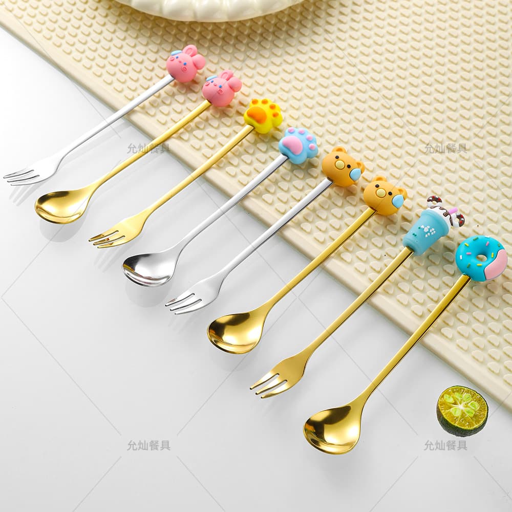 Cross-Border Ins Cartoon Doll Spoon Q Version Donut Gift Set Golden Stainless Steel Stirring Spoon Dessert Fork Mark