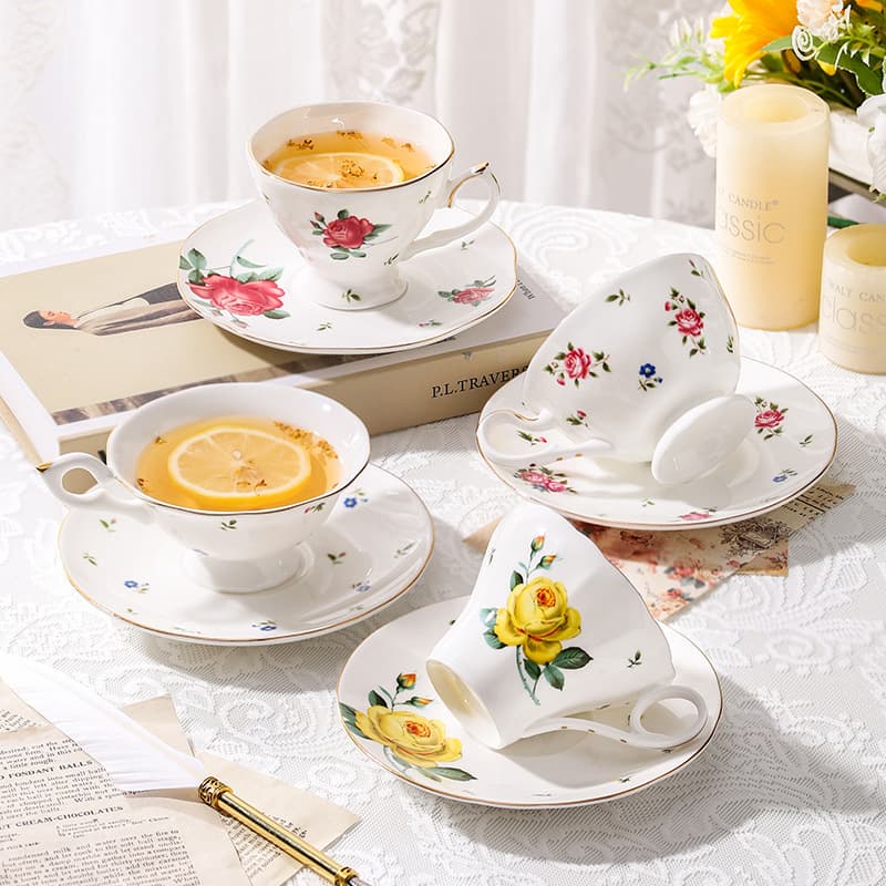 British simple pastoral style coffee cup and saucer, high-looking afternoon tea cup and saucer set, European bone china flower tea cup and tea set