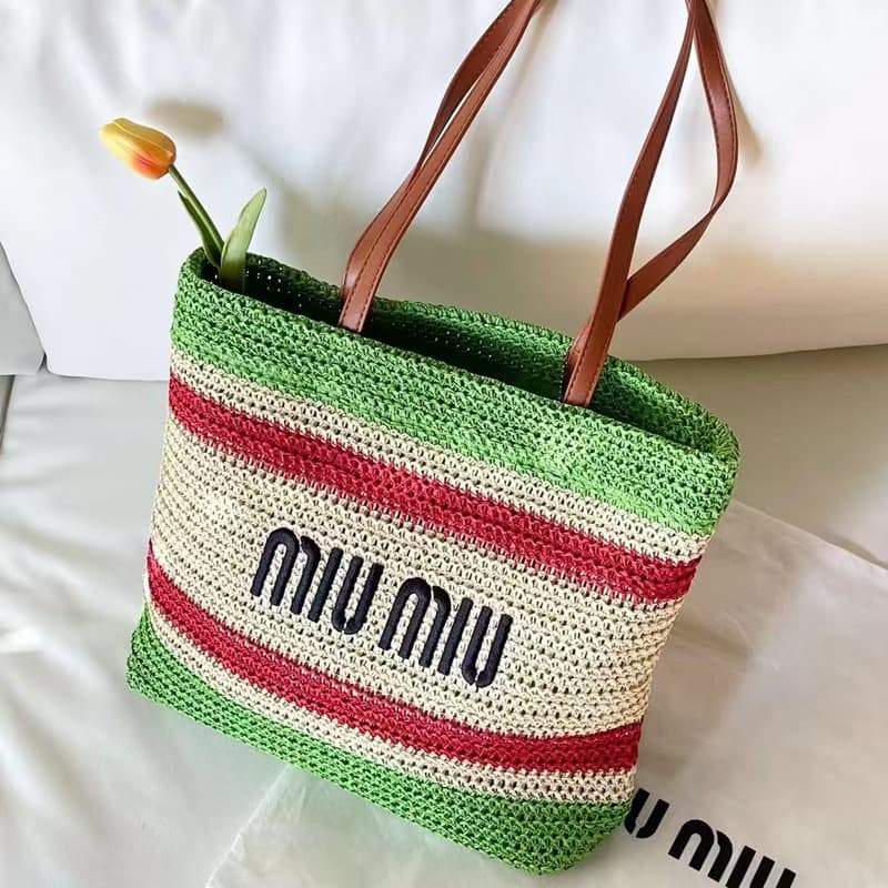 MIU Beach Tote Bag Summer Tote Bag Raffia Shopping Bag Woven Bag Large Capacity Simple Style Shoulder Bag