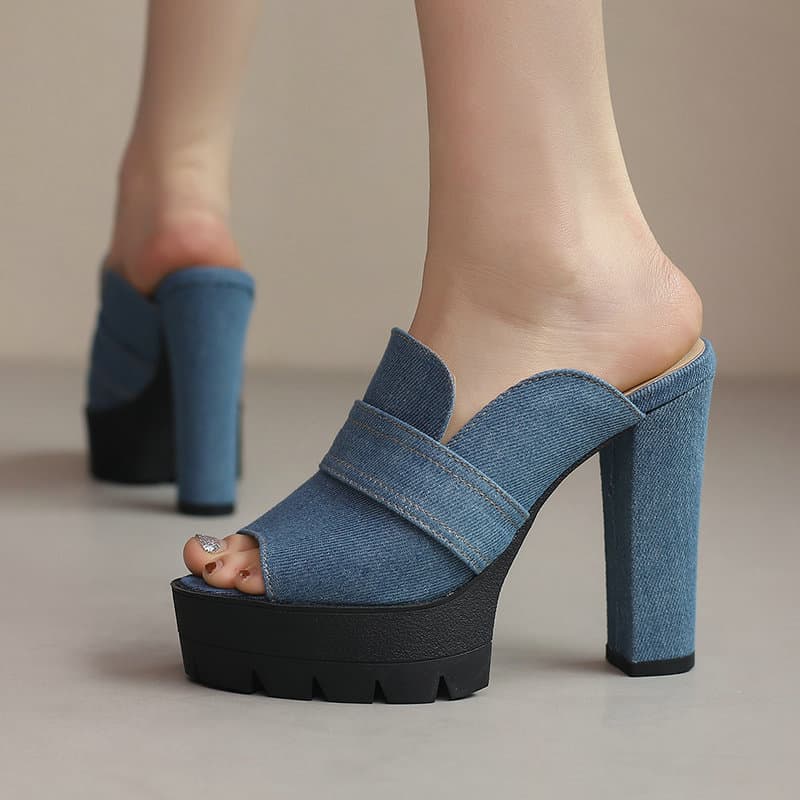 Women's Denim Platform Thick Heel Ultra-High Heel Open-Back Sandals