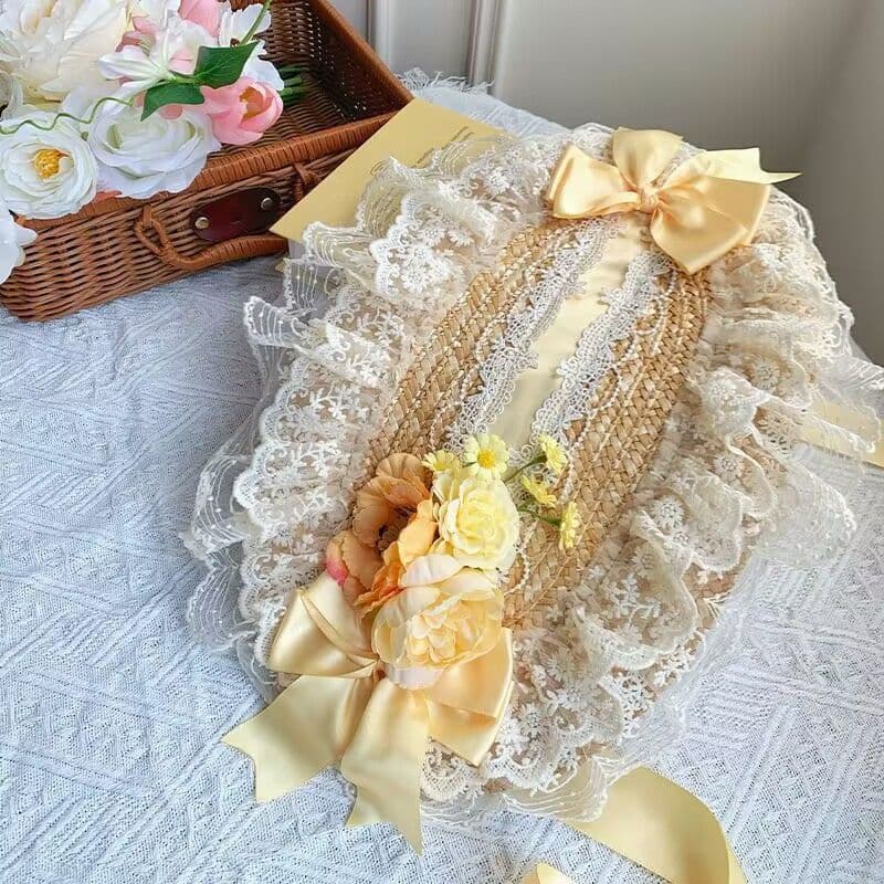 Country-style multicolored lace bow flat hat straw hat Lolita hair accessory large headband straw hat cute head accessory