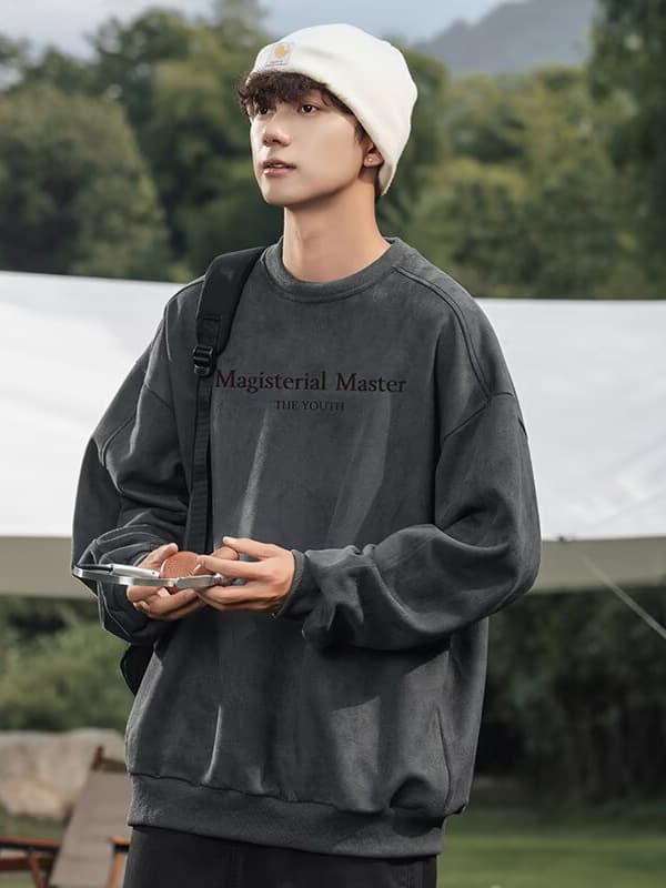 350G Suede Fleece Crewneck Sweatshirt Men's Spring Paneled Design Retro Streetwear Embroidered Top Premium Style