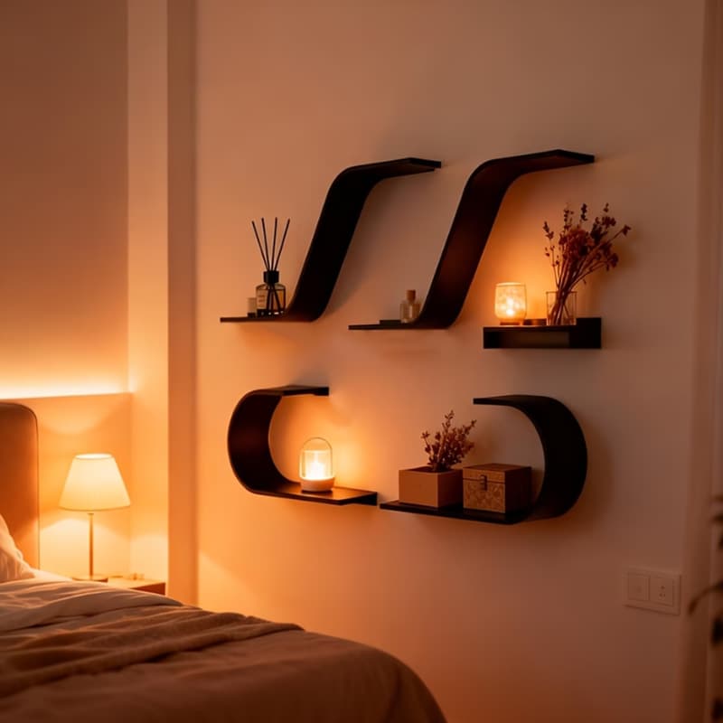 4-piece black floating shelf set, featuring black metal accents, unique mountable floating shelves, and black finish.