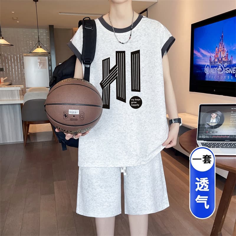 Teenagers Big Kids Sport Set Men Summer Ice Silk Vest Shorts Two-Piece Middle School Students Sleeveless T-Shirt