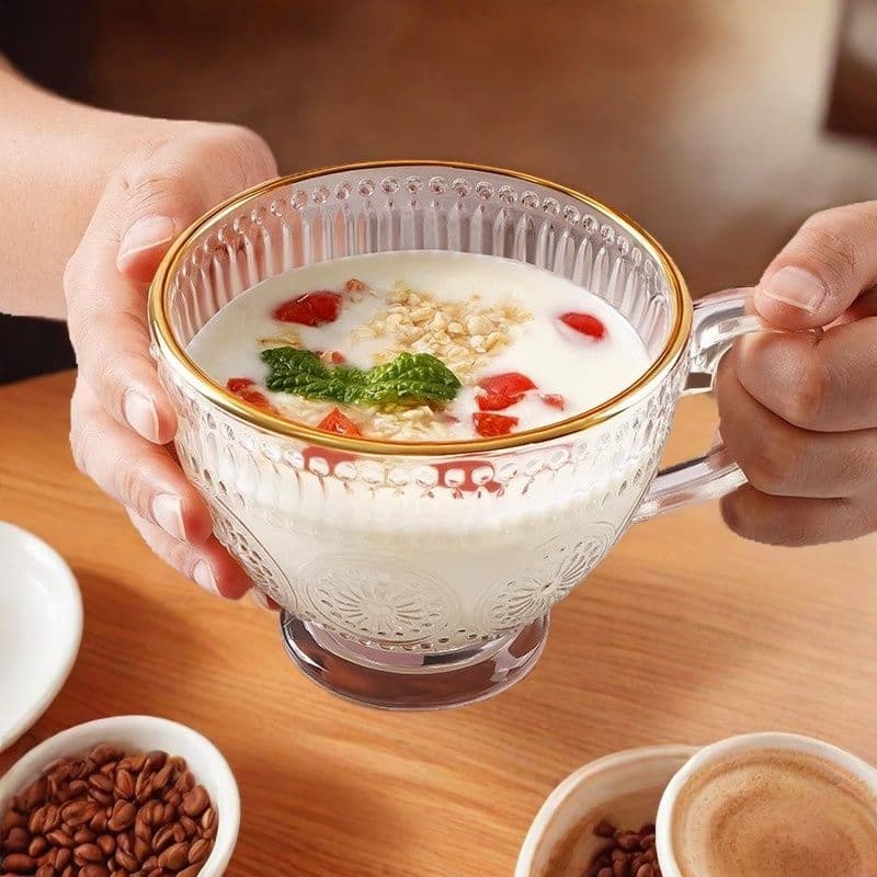 Breakfast Cup Handle Cup Glass Cup Fruit Cup Gold Rim Breakfast Bowl Gold Rim Breakfast Bowl Milk Cup Household Oatmeal Cup
