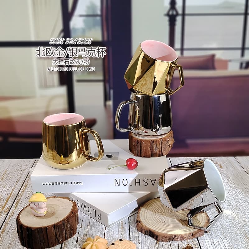 European style cross-mirror large-capacity marble pattern ceramic cup creative gold-plated silver mug souvenir coffee cup wholesale