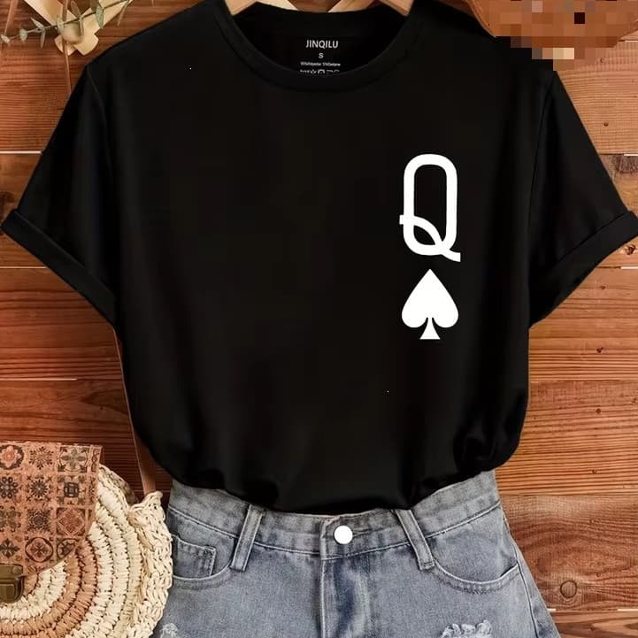 Cross-border European and American Trendy T-shirt for Women, Graphic Black Top, Queen of Spades, Casual, Short Sleeve T-shirt for Women