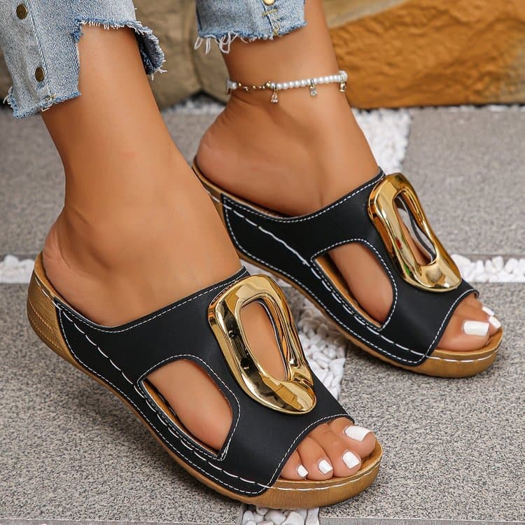 Large Size Open-Toe Slip-On Sandals for Women, Versatile Wedge Heel, Thick Sole, Metal Buckle, Beach Sandals, Amazon