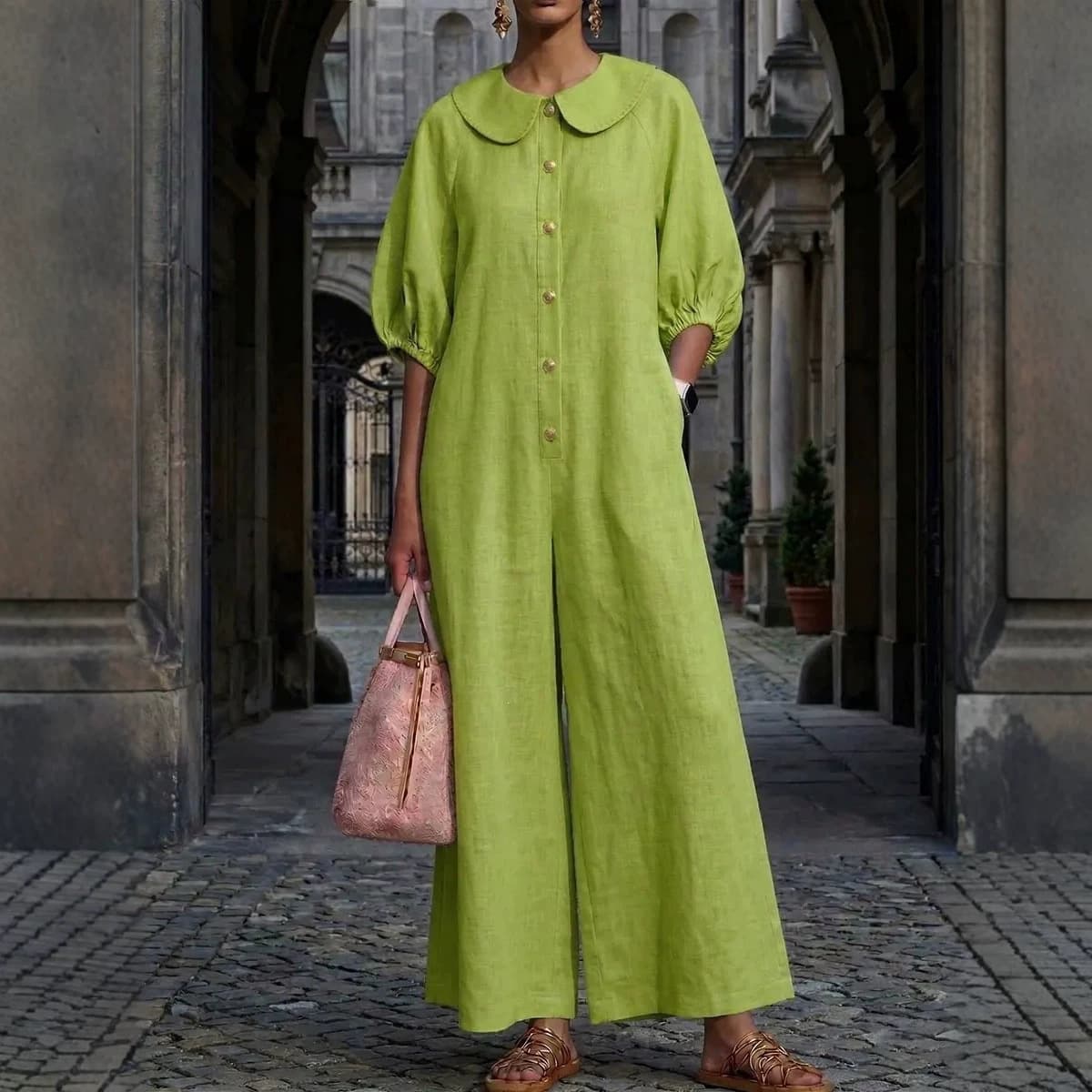 2026 New Summer European and American Export Solid Loose Jumpsuit Women Cross-border Retro Doll Collar Wide Leg Jumpsuit